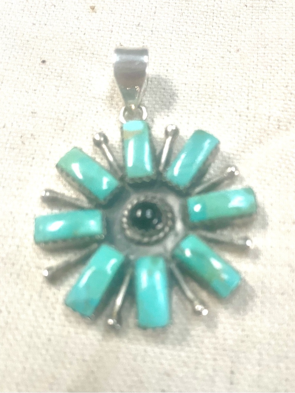 Beautiful Turquoise , Black Onyx & Silver Floral Sunburst Pendant